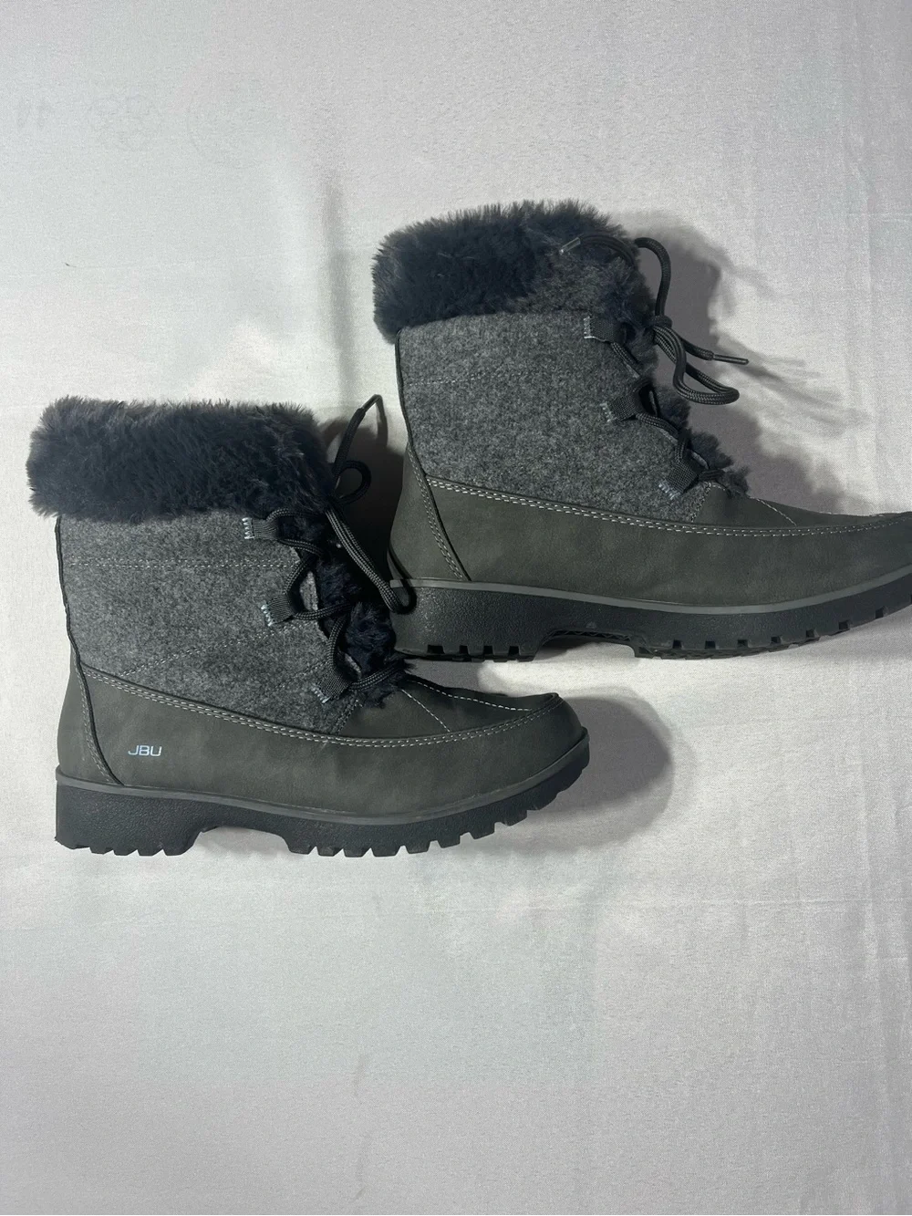 JBU Women's 7 Charcoal Gray Lace-Up Winter Snow Boots with Faux Fur Cuff